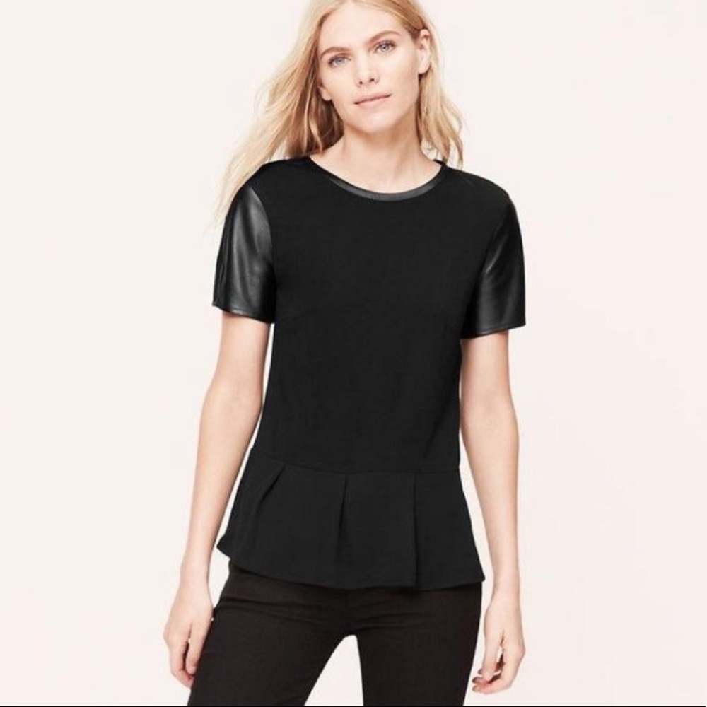 Loft Black Vegan Leather Peplum Top